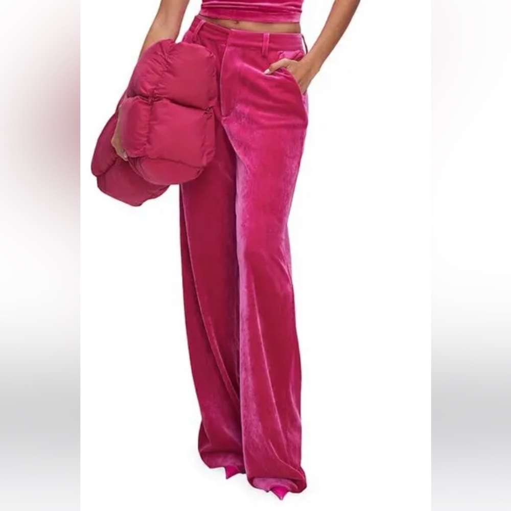 Good American Fuchsia Velvet Wide Leg Trouser Pants